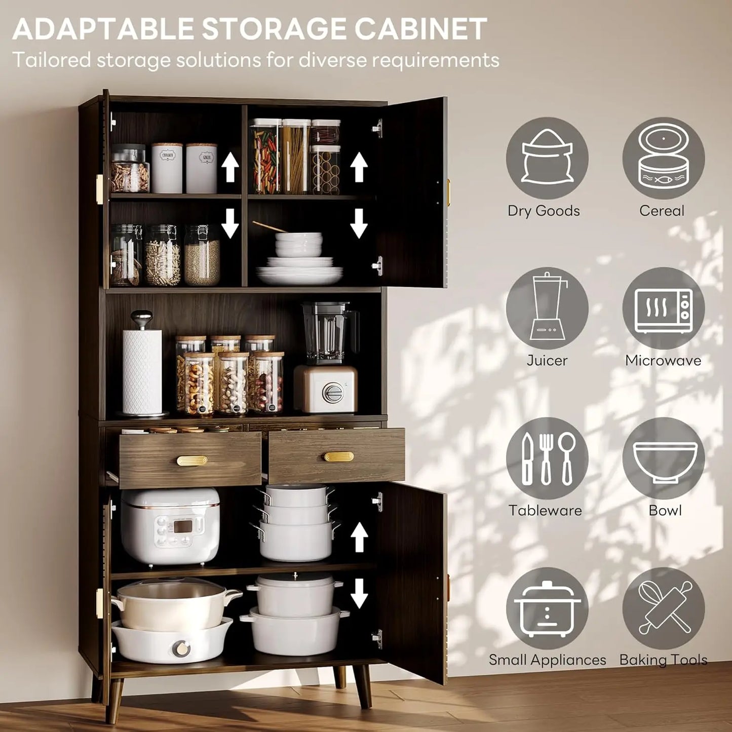 Mid-Century Kitchen Pantry Storage Cabinet With Adjustable Shelves