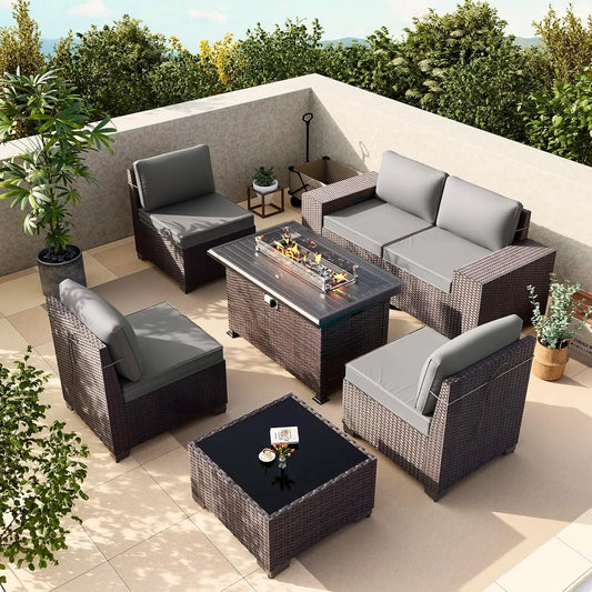 XIAOLANG 7 Piece Patio Furniture Set With Fire Pit Table