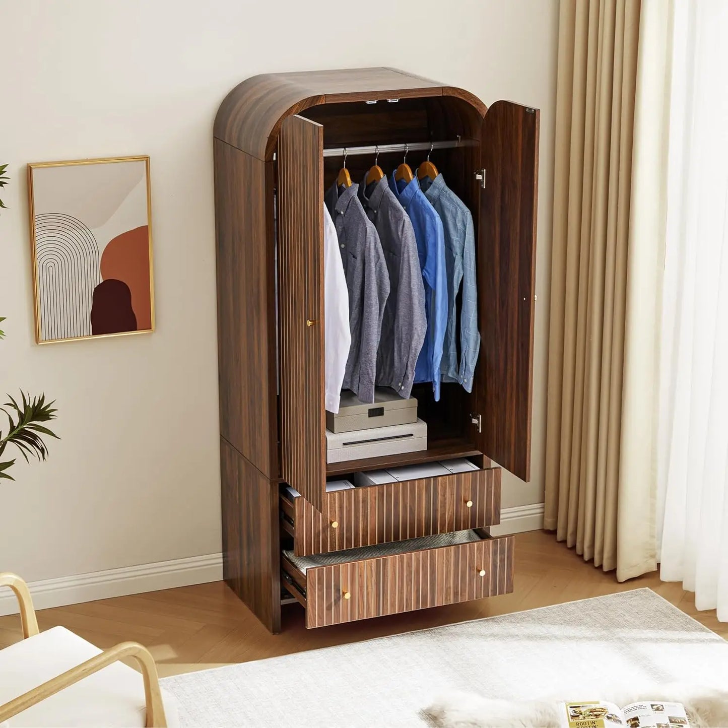 Arched Armoire Wardrobe Modern Two Door With Hanging Rod Drawers