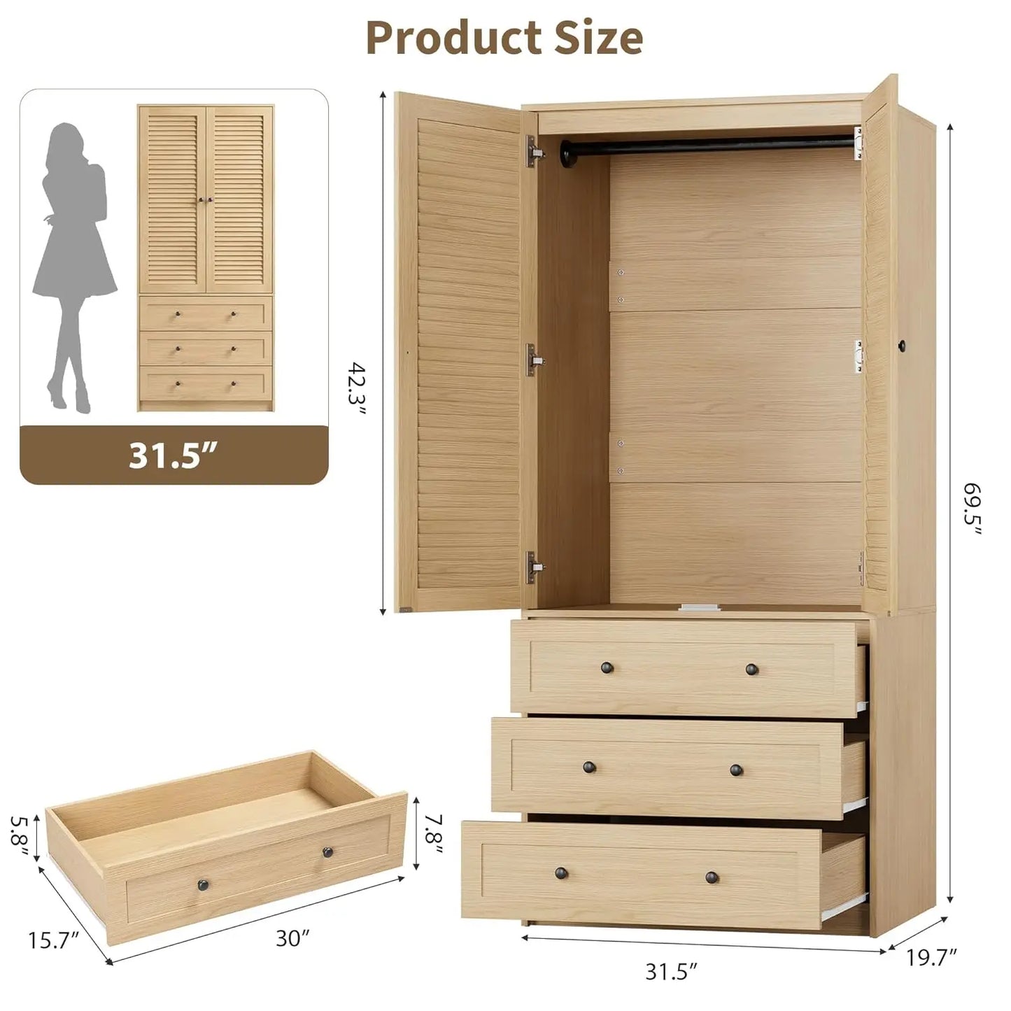 HUANZHUANG Armoire Wardrobe With 3 Drawers And 2 Doors