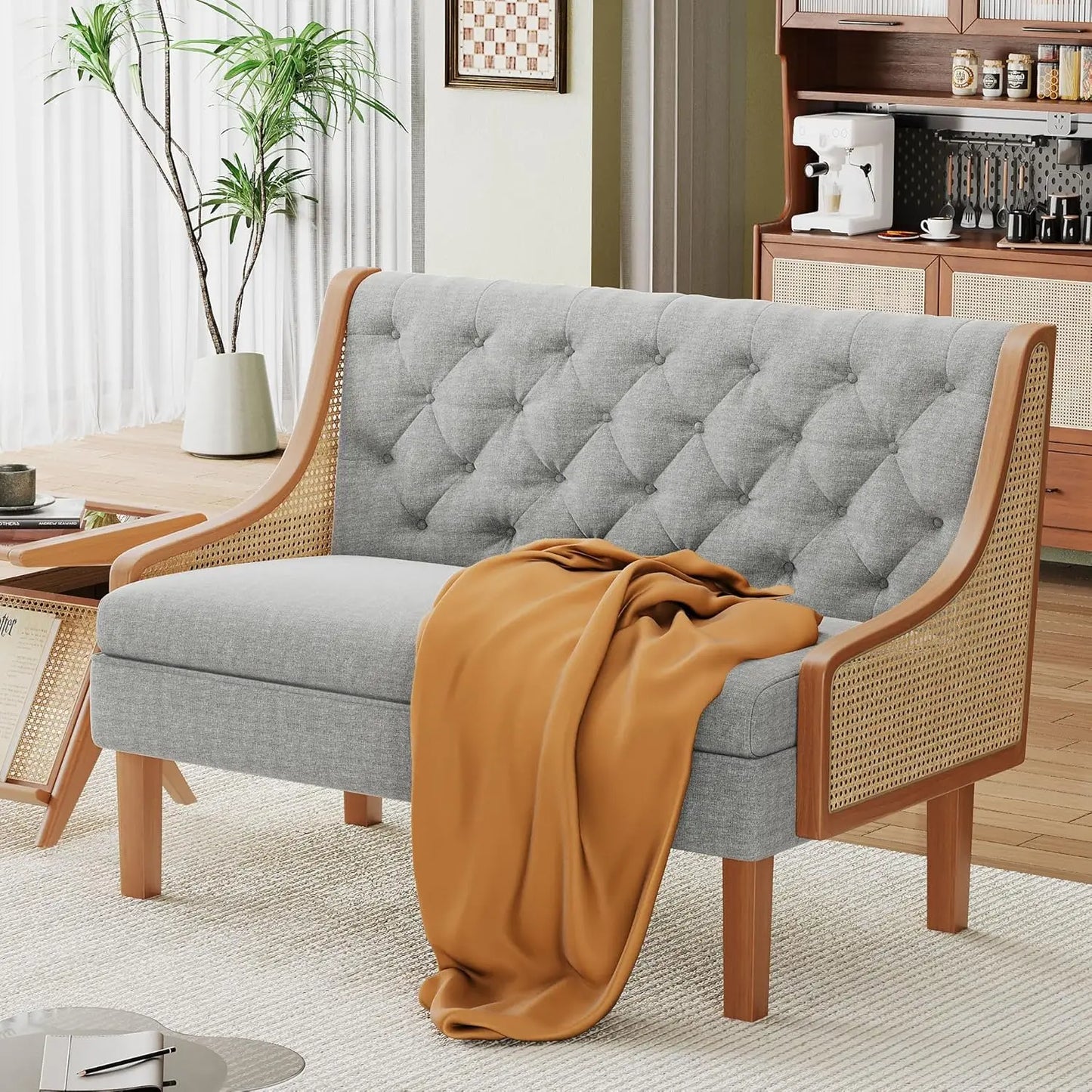 Loveseat Settee Bench With Natural Rattan Arms Upholstered Modern Sofa