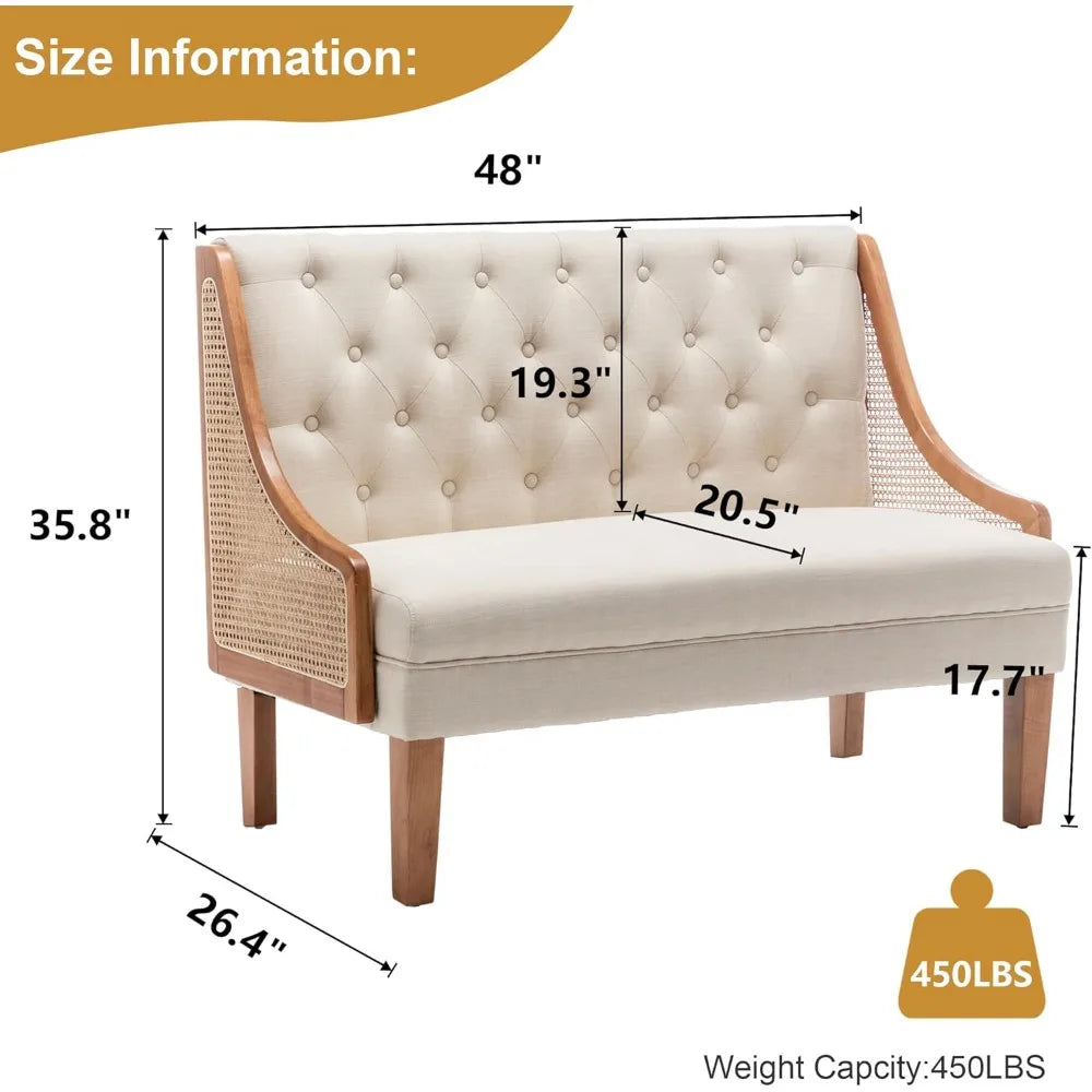 Loveseat Settee Bench With Natural Rattan Arms Upholstered Modern Sofa
