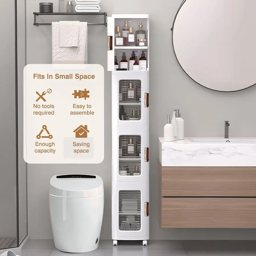 Tall Narrow Storage Cabinet on Wheels with Adjustable Shelves