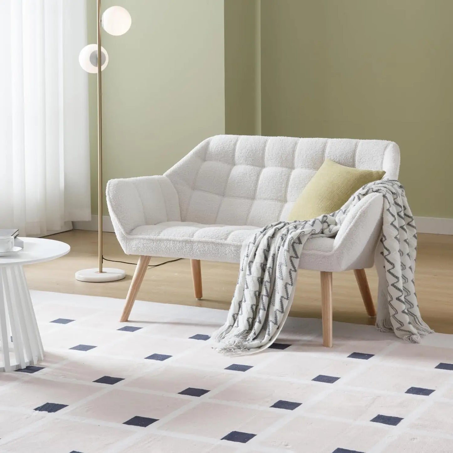 Modern Linen Loveseat Sofa With Quilted Back And Wood Legs