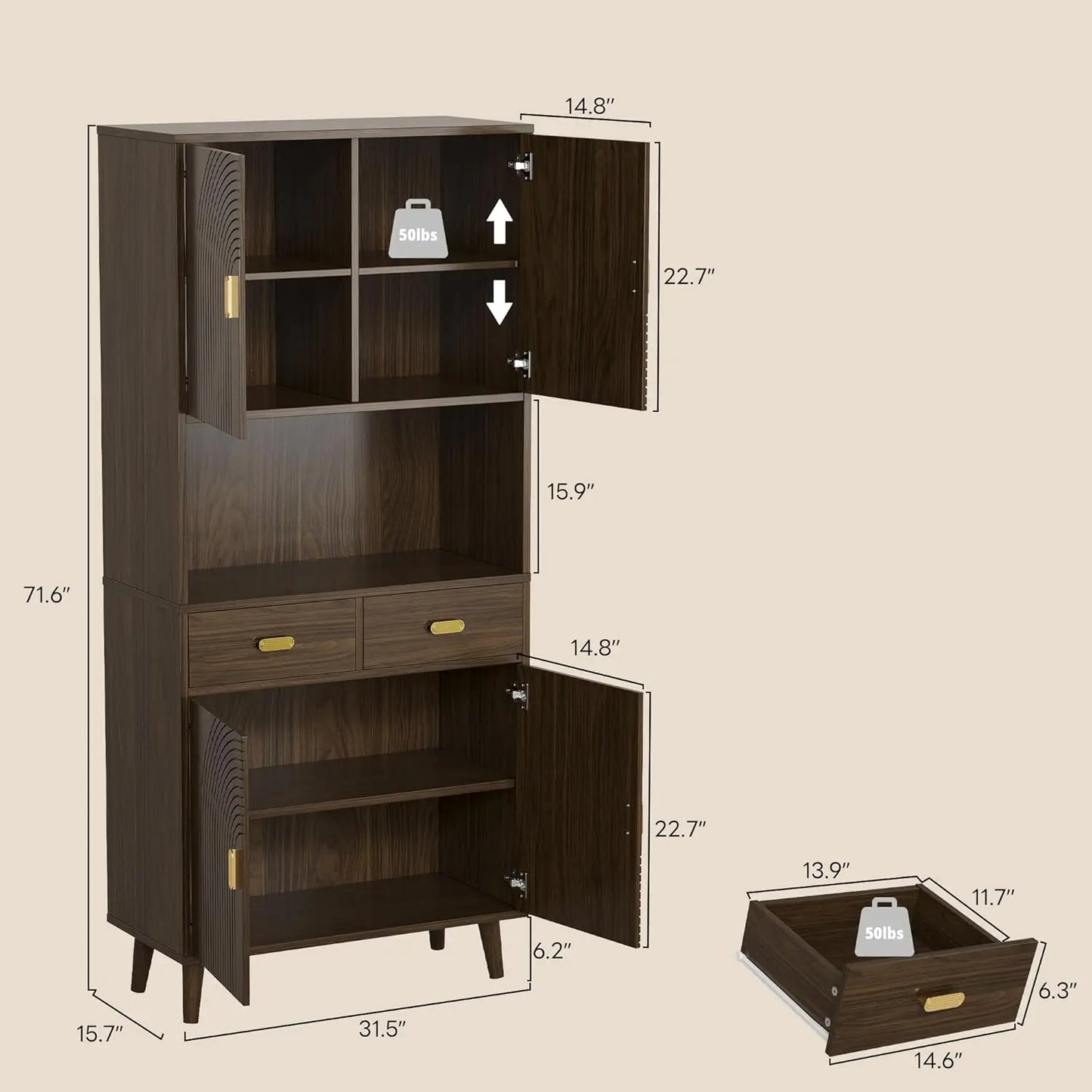 Mid-Century Kitchen Pantry Storage Cabinet With Adjustable Shelves