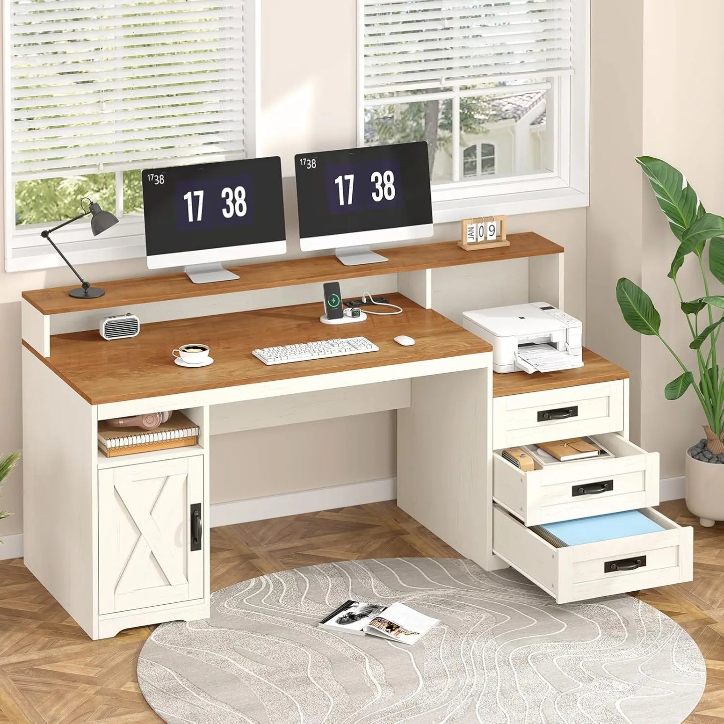 Farmhouse Computer Desk With Drawers And Power Outlets