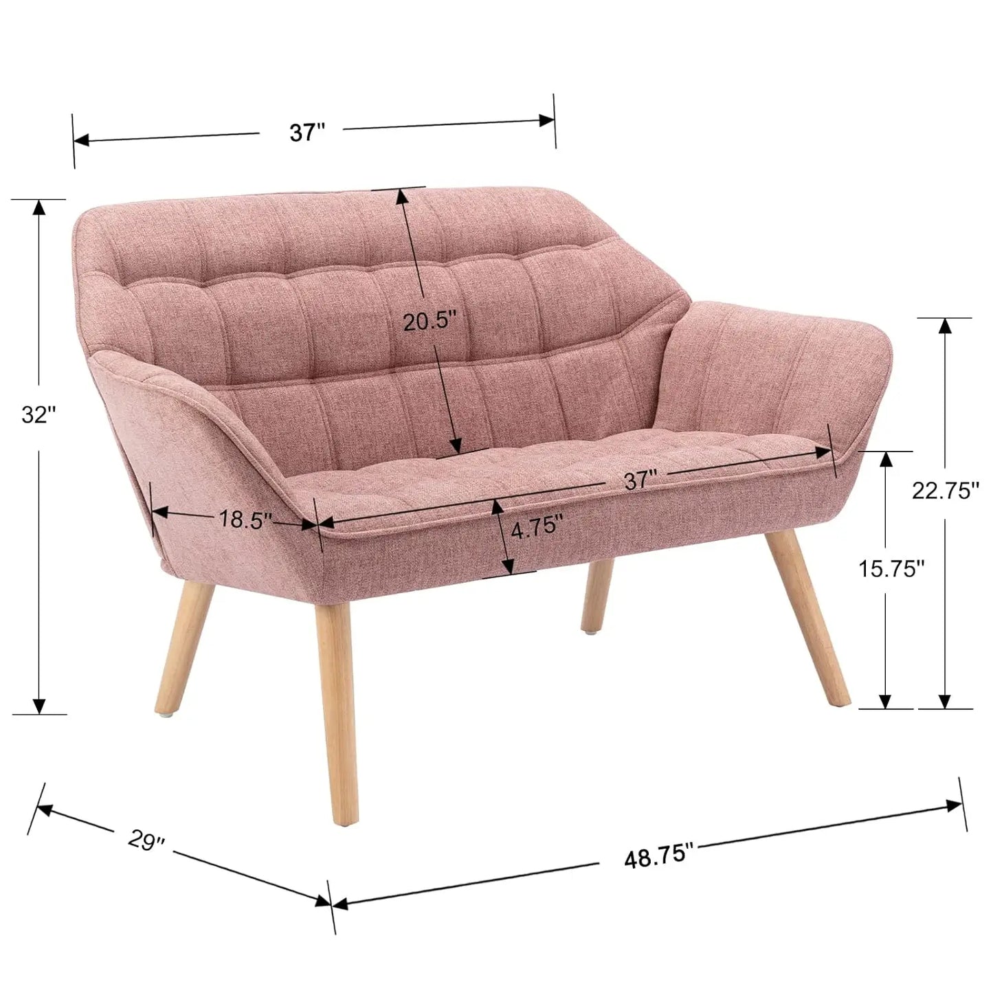 Modern Linen Loveseat Sofa With Quilted Back And Wood Legs