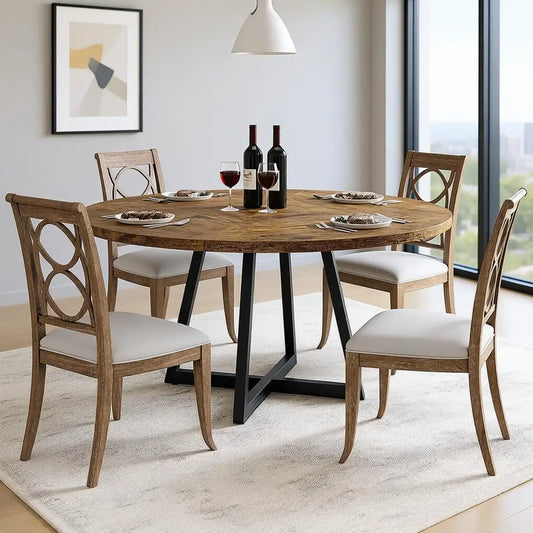 Rustic Dining Table With Wooden Top And Metal Base