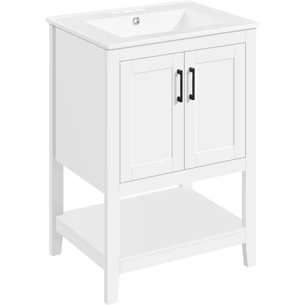 24 Inch Solid Wood Bathroom Vanity With Ceramic Sink Storage