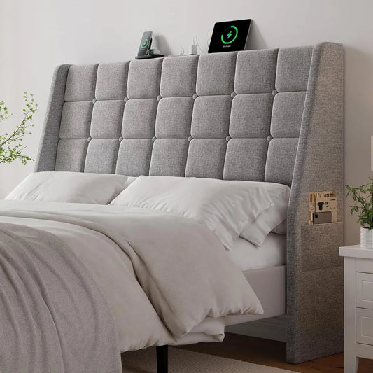 DAFIFY Upholstered Headboard With Charging Station And Linen Wingback
