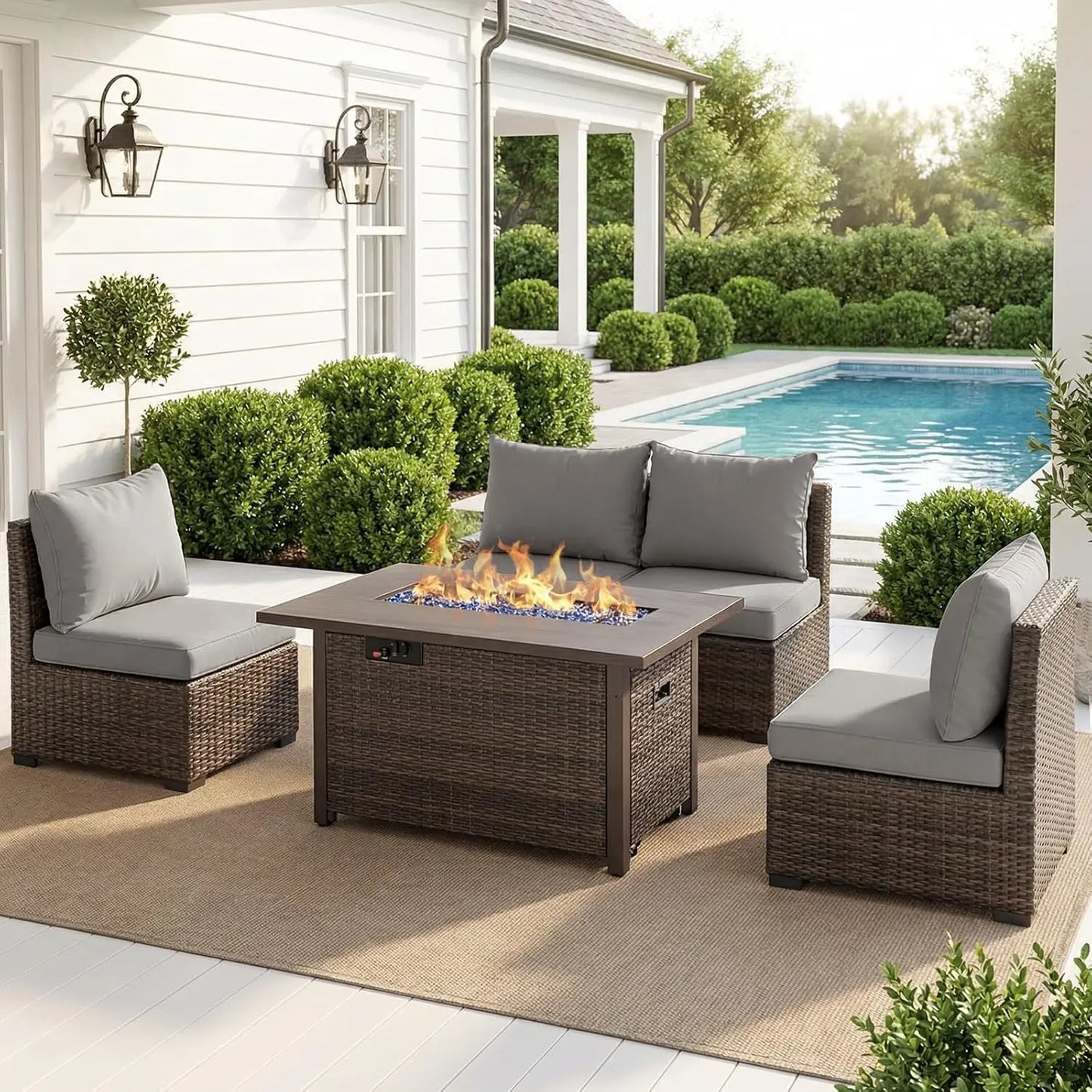 XIAOLANG Patio Furniture Set With Fire Pit Table Outdoor Rattan