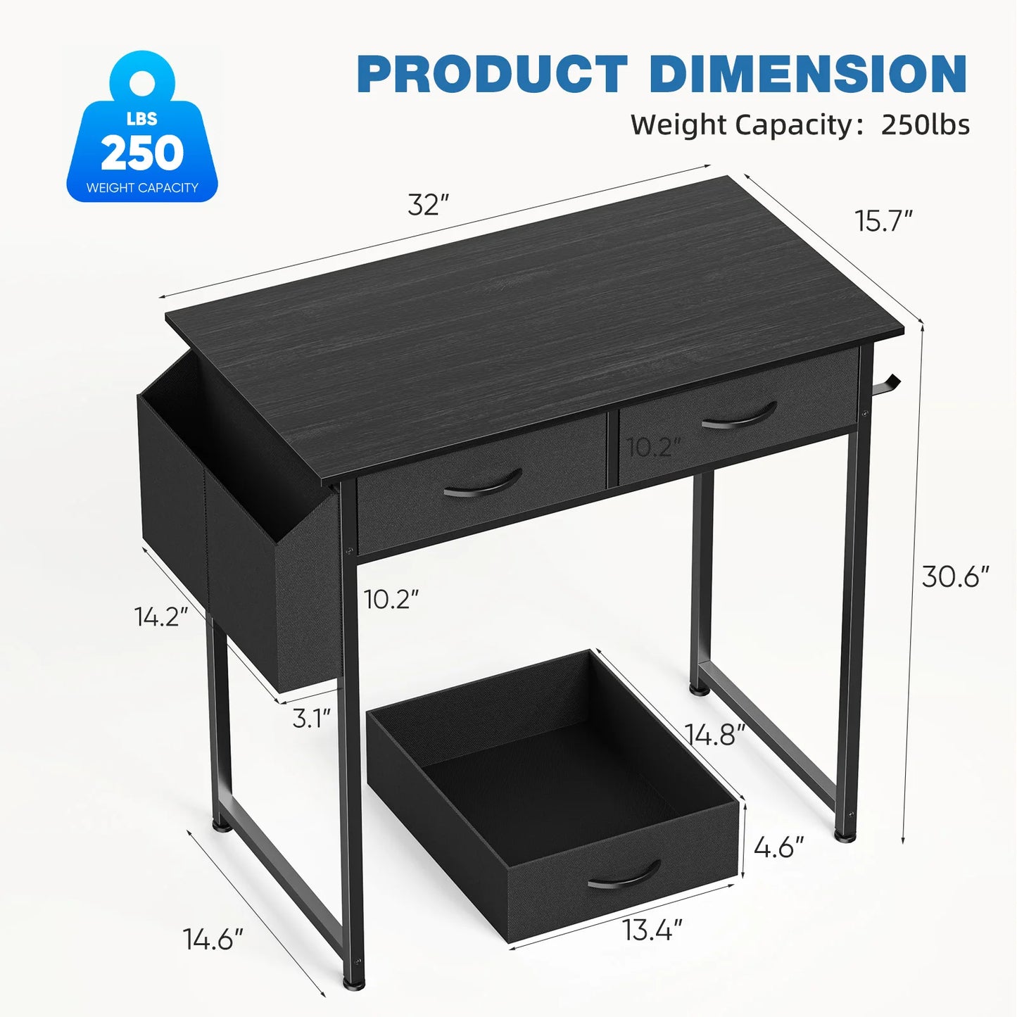 JHK Modern Office Desk With Metal Frame And Fabric Drawers