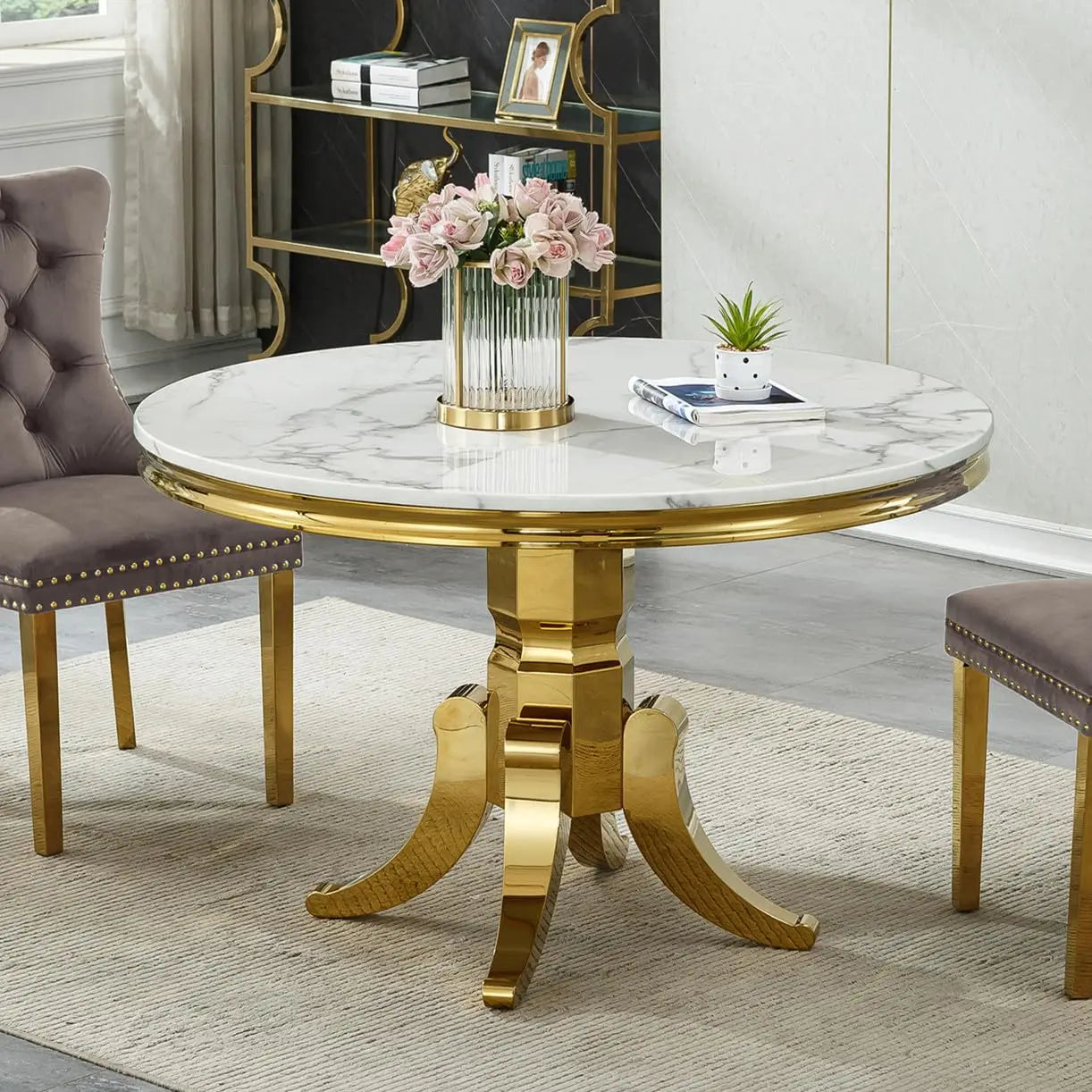 Marble Dining Table With Stainless Steel X Base For GourmetDiningRoomShowcaseExcellence