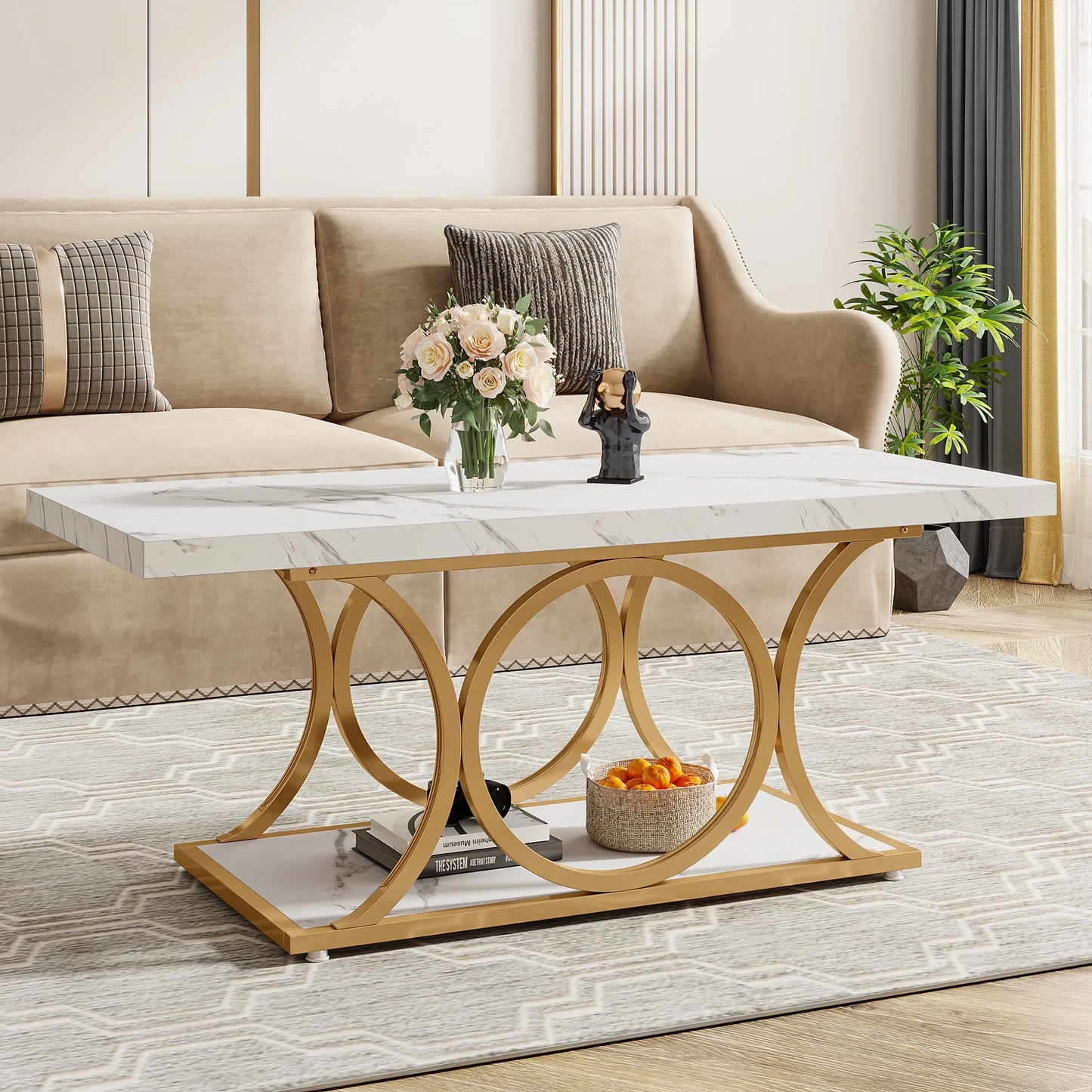 Tribesigns Rectangle Coffee Table Modern 2Tier Faux Marble Wood LivingRoomFurniture