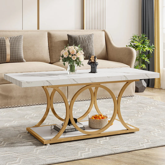 Tribesigns Rectangle Coffee Table Modern 2Tier Faux Marble Wood LivingRoomFurniture