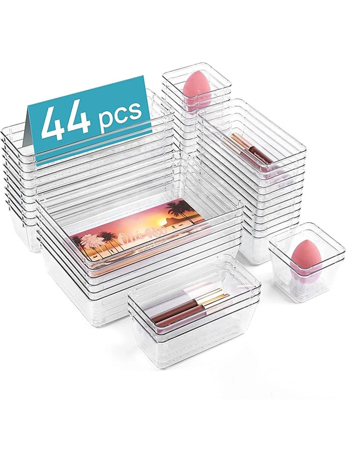 NONECN 44pc Drawer Storage Box Set Multi Functional Transparent