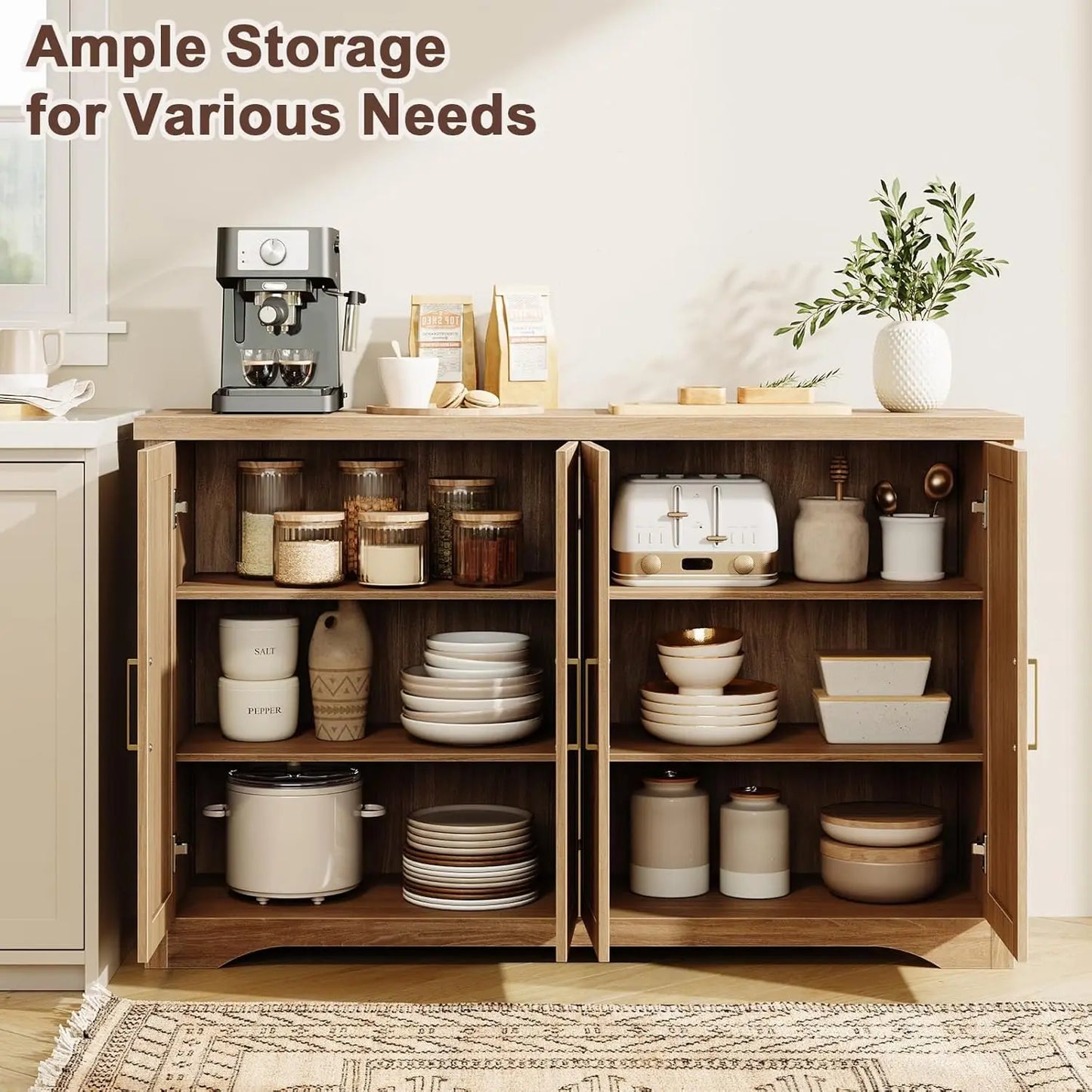 Fluted Buffet Cabinet With Storage Sideboard Modern Credenza Wood