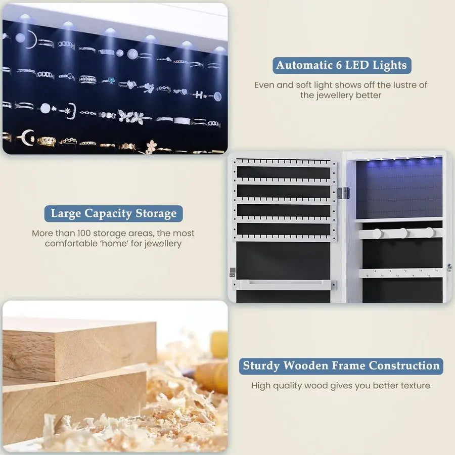 DUMOS 6 LEDs Mirror Jewelry Cabinet Wall Or Door Mounted