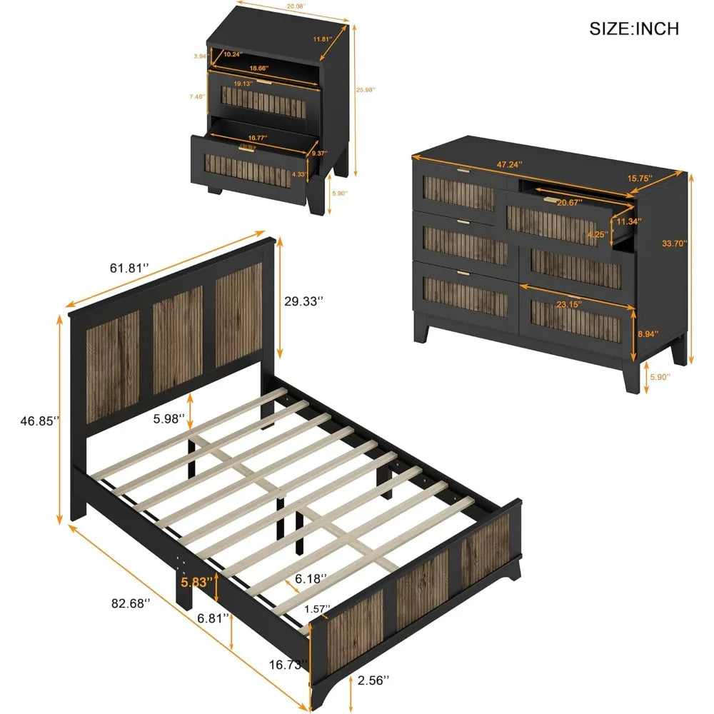 MKDK 4 Piece Queen Bedroom Set Platform Bed With Dresser And Nightstands Engineered Wood And Metal Construction