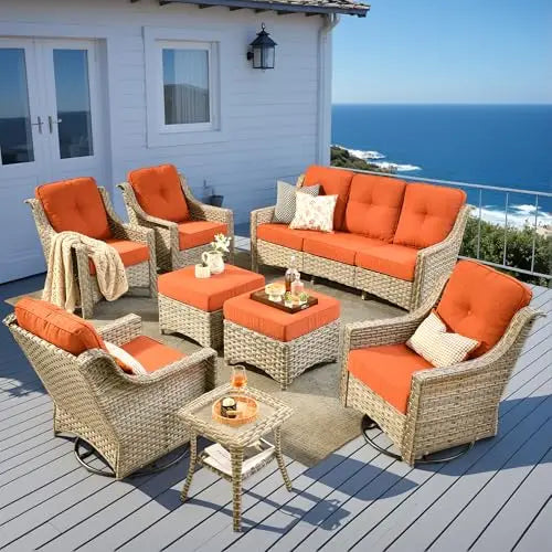 6 Piece All Weather Patio Outdoor Furniture Set Wicker Rattan Sofa Ottoman