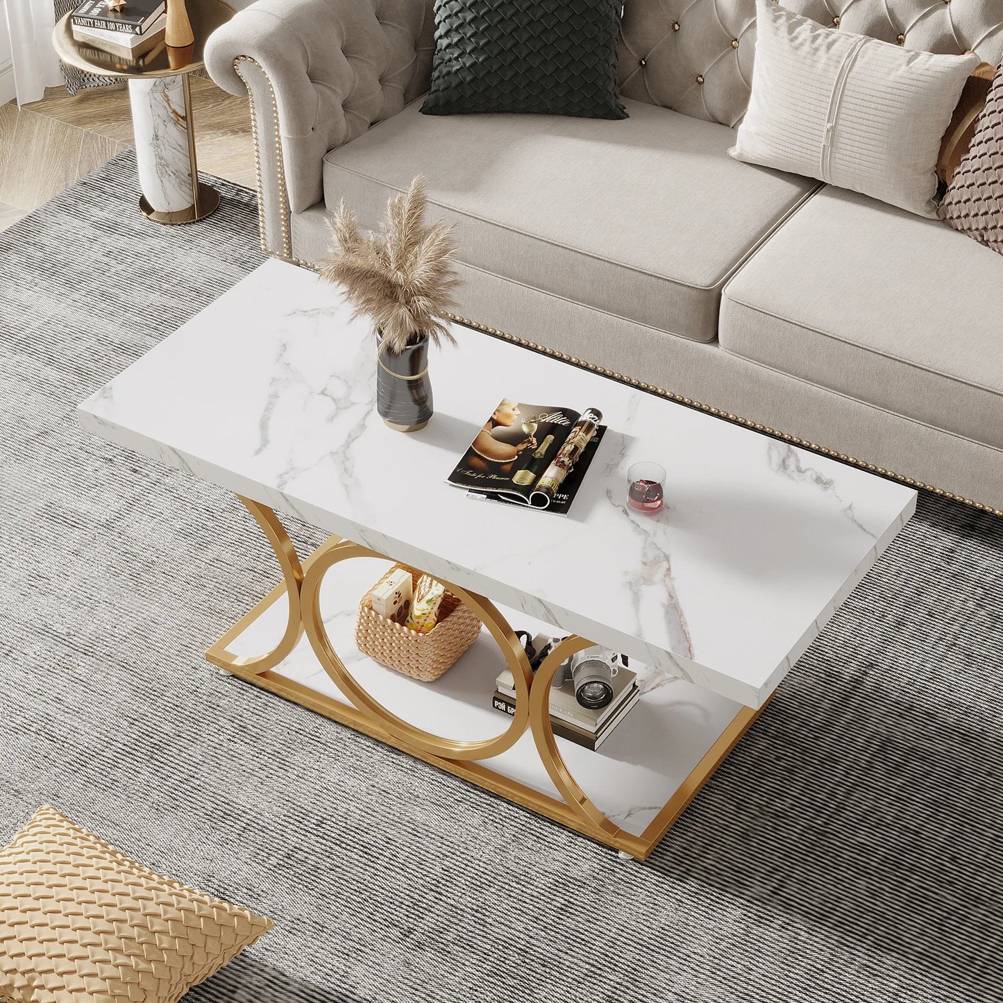 Tribesigns Rectangle Coffee Table Modern 2Tier Faux Marble Wood LivingRoomFurniture