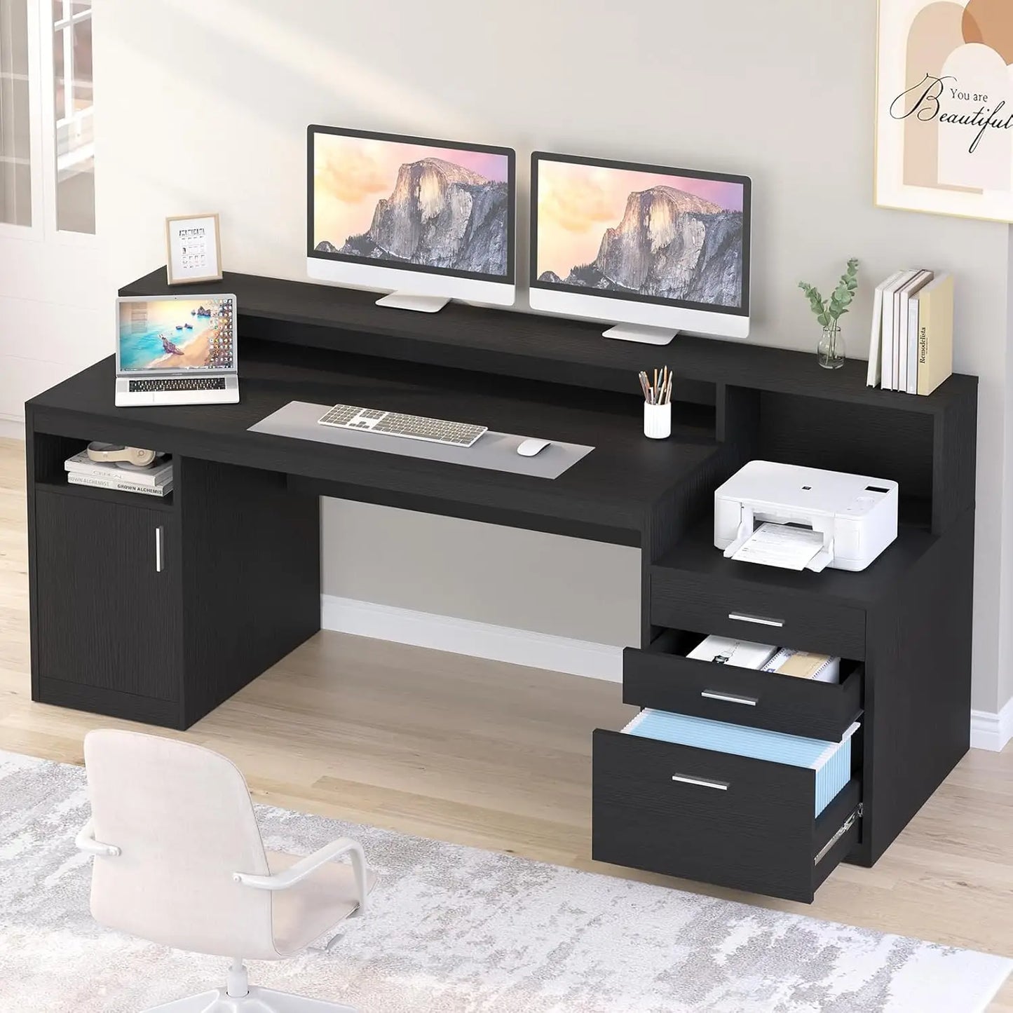 Computer Desk With 3 Drawers And Storage Shelves Home Office