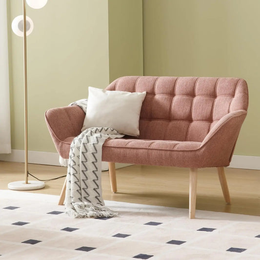 Modern Linen Loveseat Sofa With Quilted Back And Wood Legs