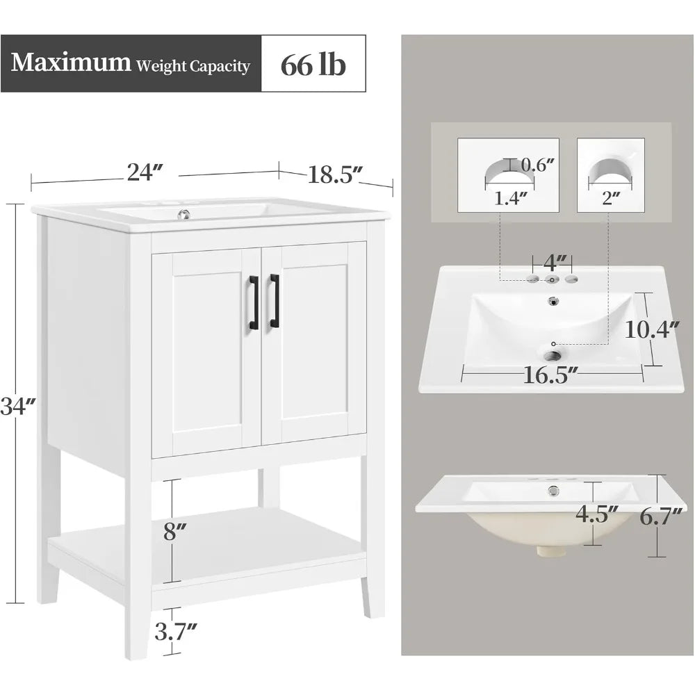 24 Inch Solid Wood Bathroom Vanity With Ceramic Sink Storage