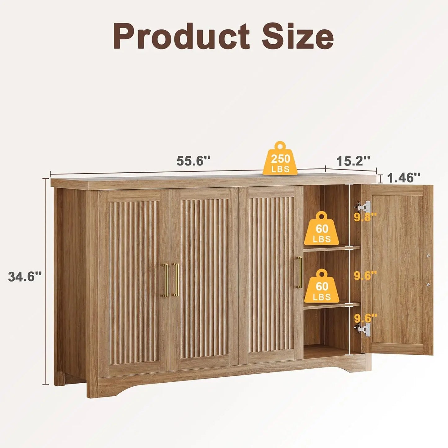 Fluted Buffet Cabinet With Storage Sideboard Modern Credenza Wood