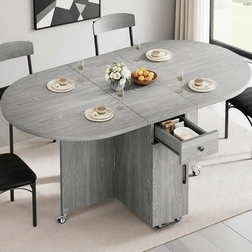 Space-Saving Oval Drop Leaf Dining Table With Storage Drawer And 2-Tier Shelf