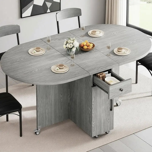 Space-Saving Oval Drop Leaf Dining Table With Storage Drawer And 2-Tier Shelf