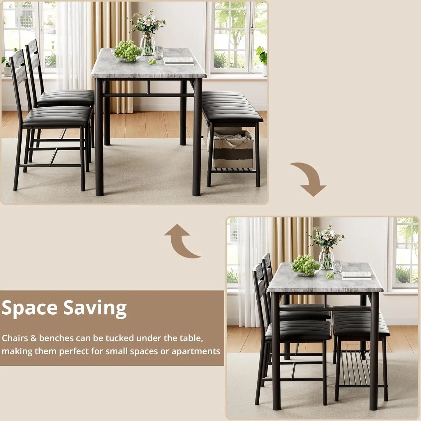 IRONCK Dining Table Set For Small Space With Upholstered Bench And 2 Chairs