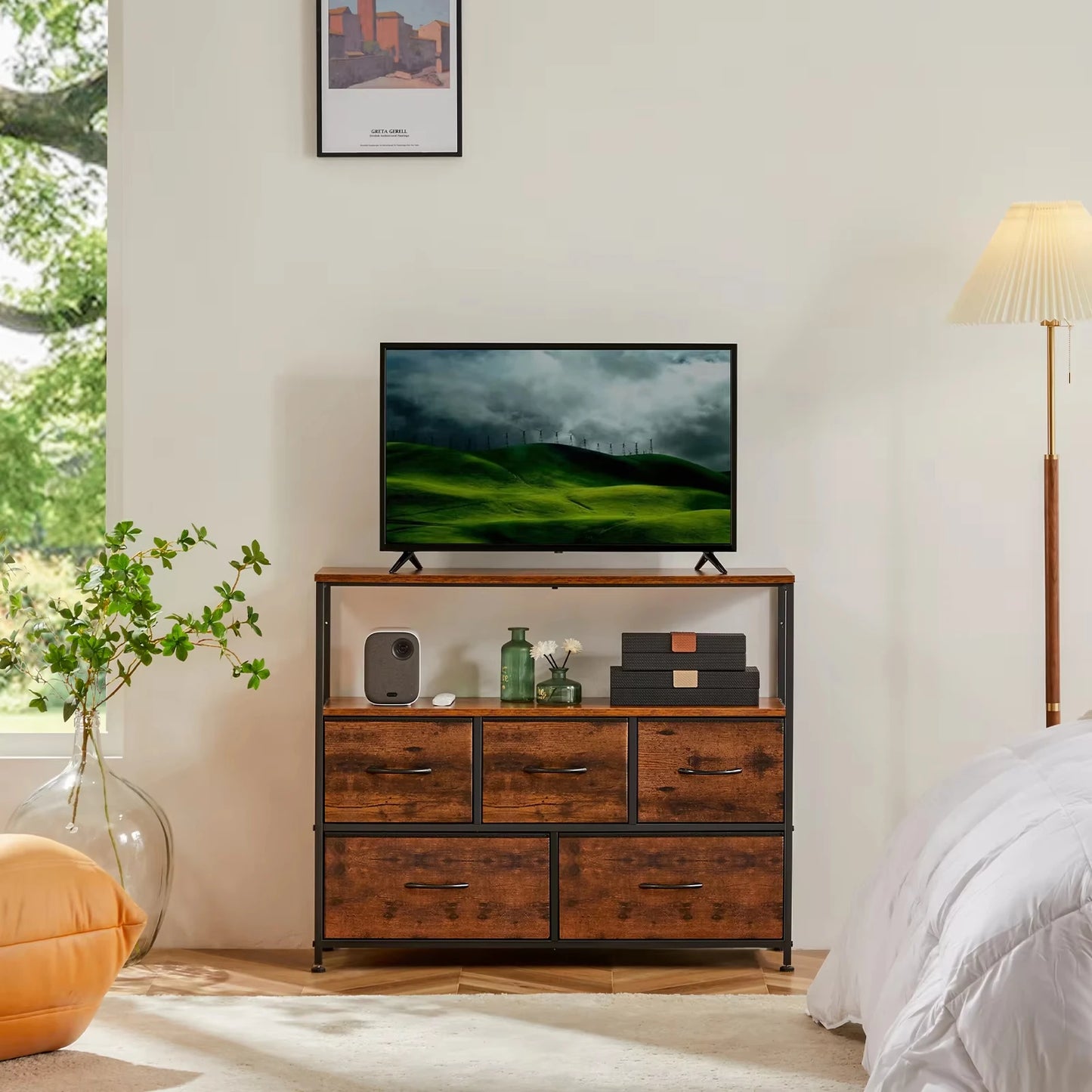 JHK Fireplace TV Stand Dresser 5 Fabric Drawers Storage Cabinet