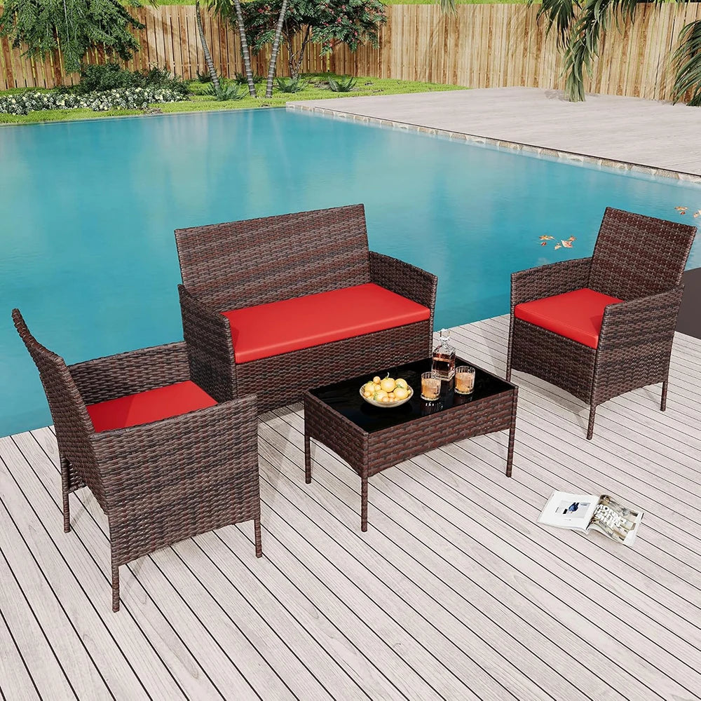 HiMISS 4-Piece PE Rattan Patio Set With Glass Top Table