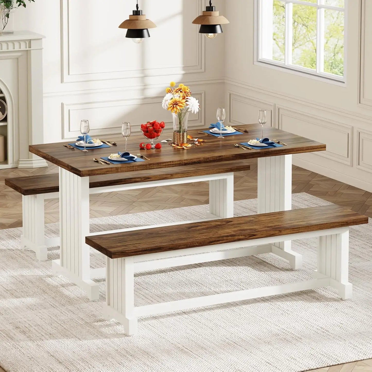 Modern Farmhouse Dining Table Set For 4 With 2 Benches
