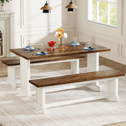 Modern Farmhouse Dining Table Set For 4 With 2 Benches