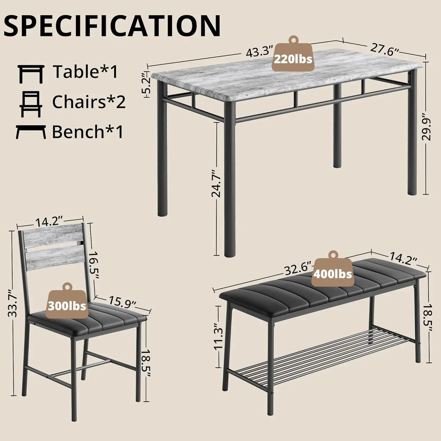 IRONCK Dining Table Set For Small Space With Upholstered Bench And 2 Chairs
