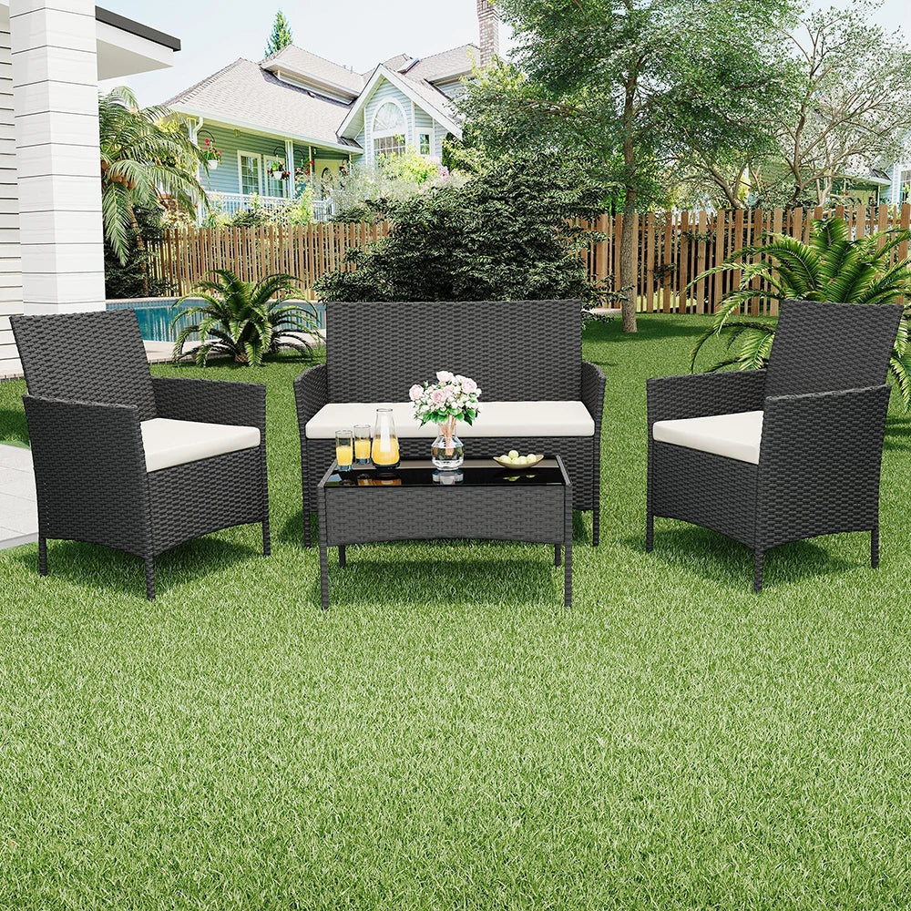 HiMISS 4-Piece PE Rattan Patio Set With Glass Top Table