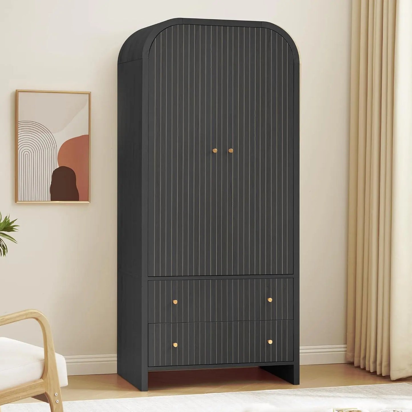 Arched Armoire Wardrobe Modern Two Door With Hanging Rod Drawers