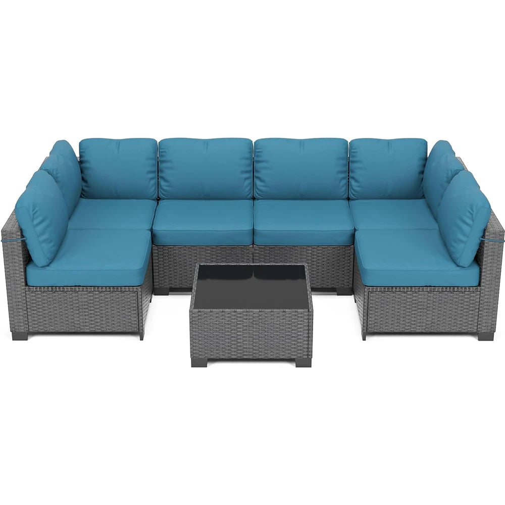 HiMISS 7 Piece PE Rattan Patio Set With Cushions And Glass Coffee Table