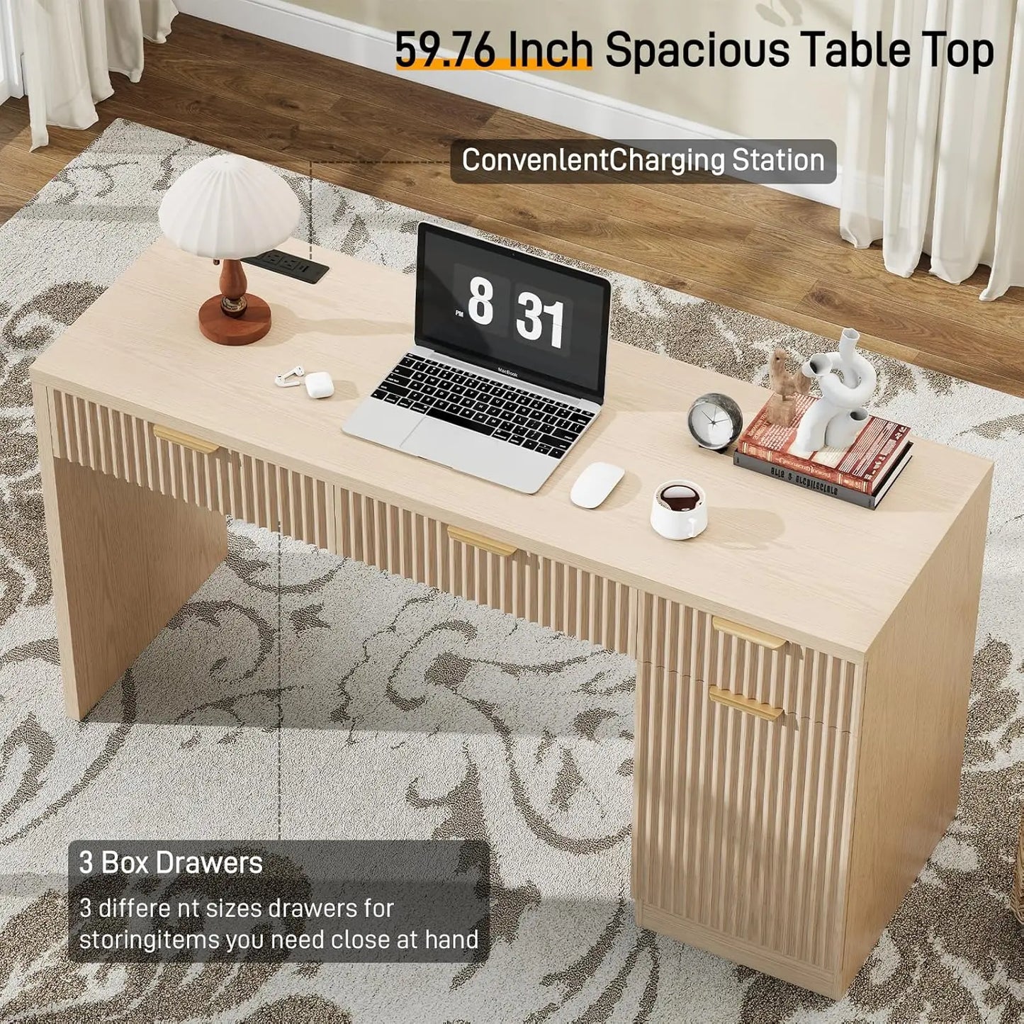 None Wood Executive Desk With Fluted Drawers And Charging Station