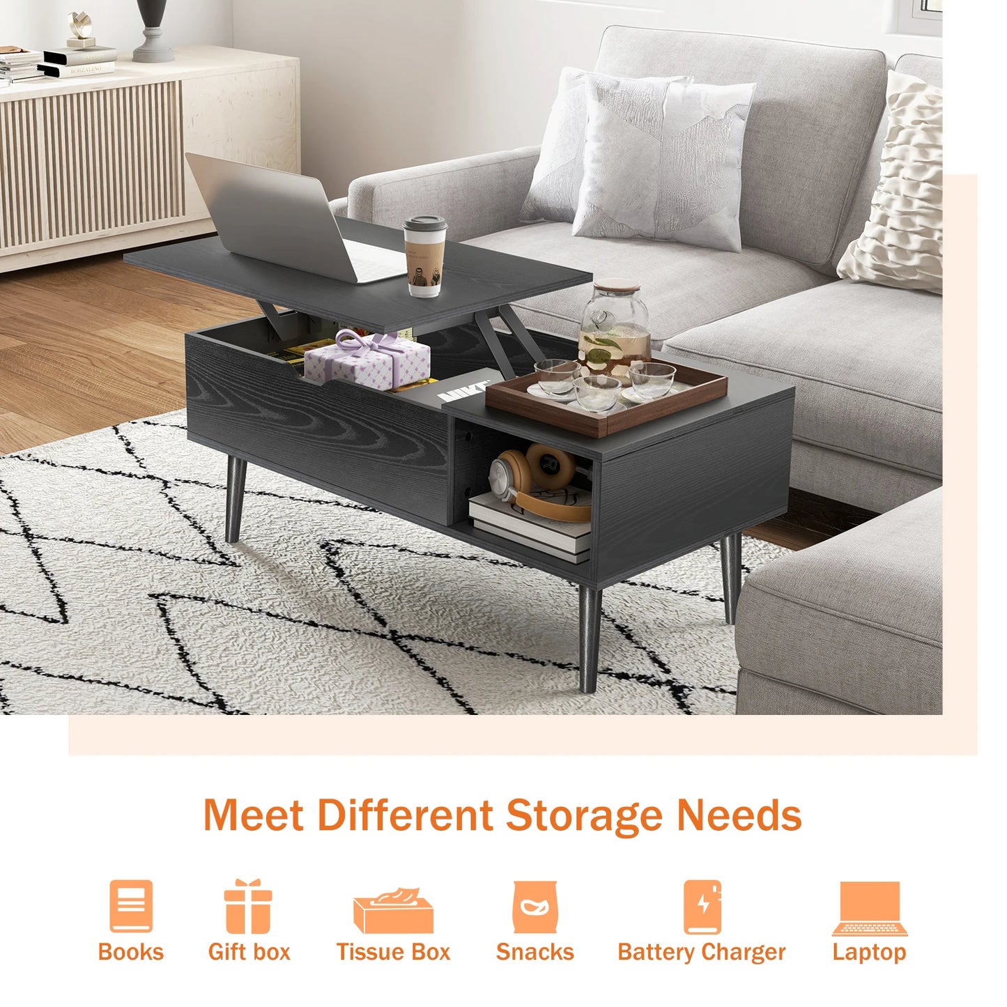 JHK Lift Top Coffee Table With Storage And Adjustable Shelf