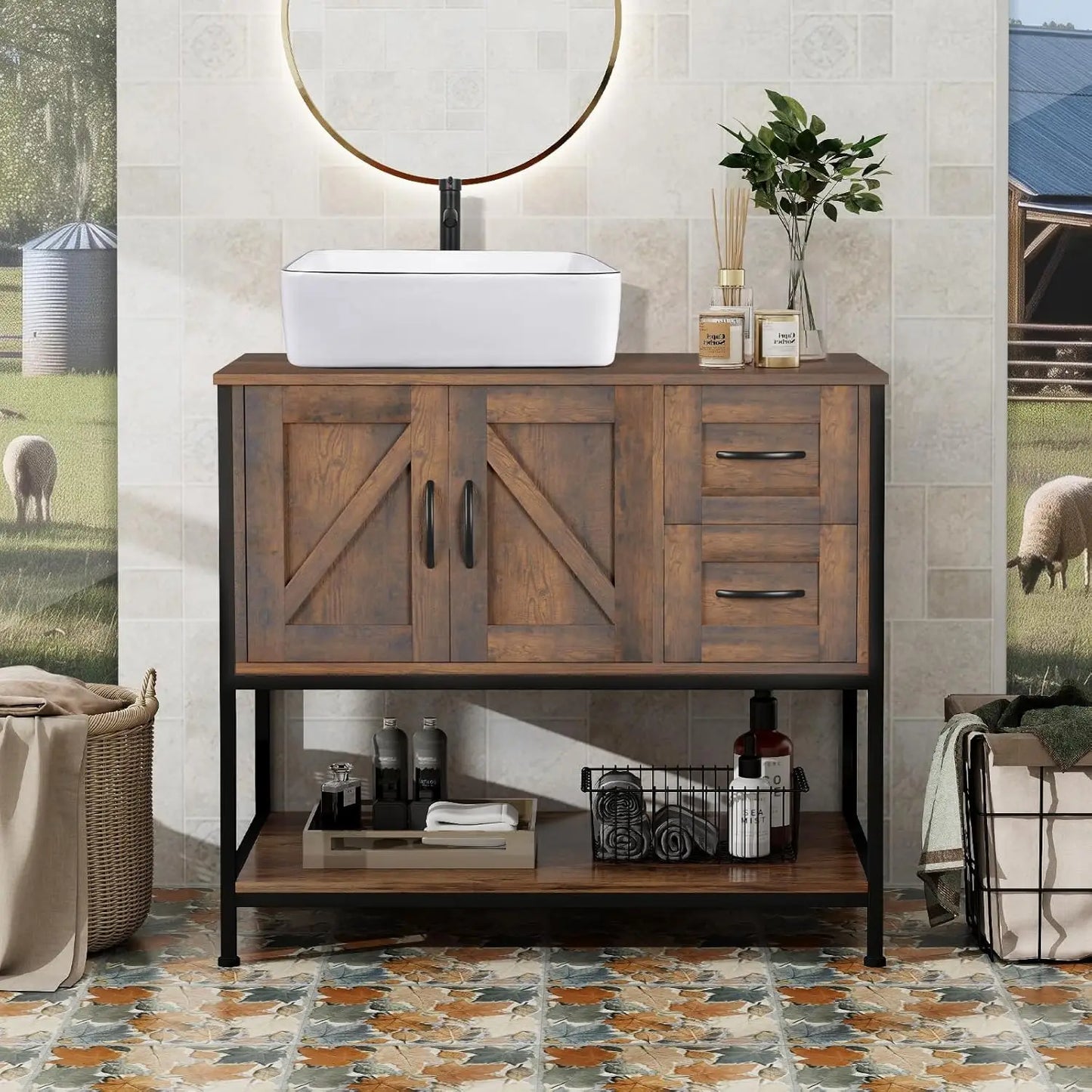 Rustic Farmhouse Bathroom Vanity With Ceramic Vessel Sink