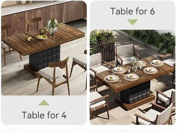 Modern Rectangular Farmhouse Dining Table With Sturdy Wood Pedestal