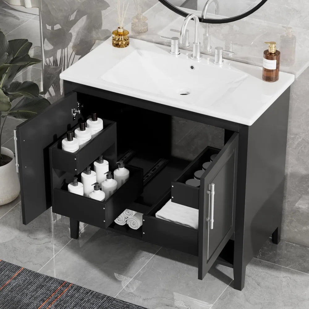 Modern Ceramic Sink Vanity With Two Drawers And Open Shelf
