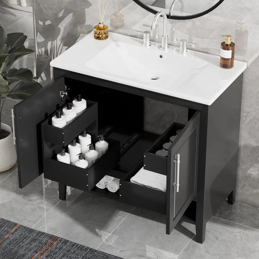 Modern Ceramic Sink Vanity With Two Drawers And Open Shelf