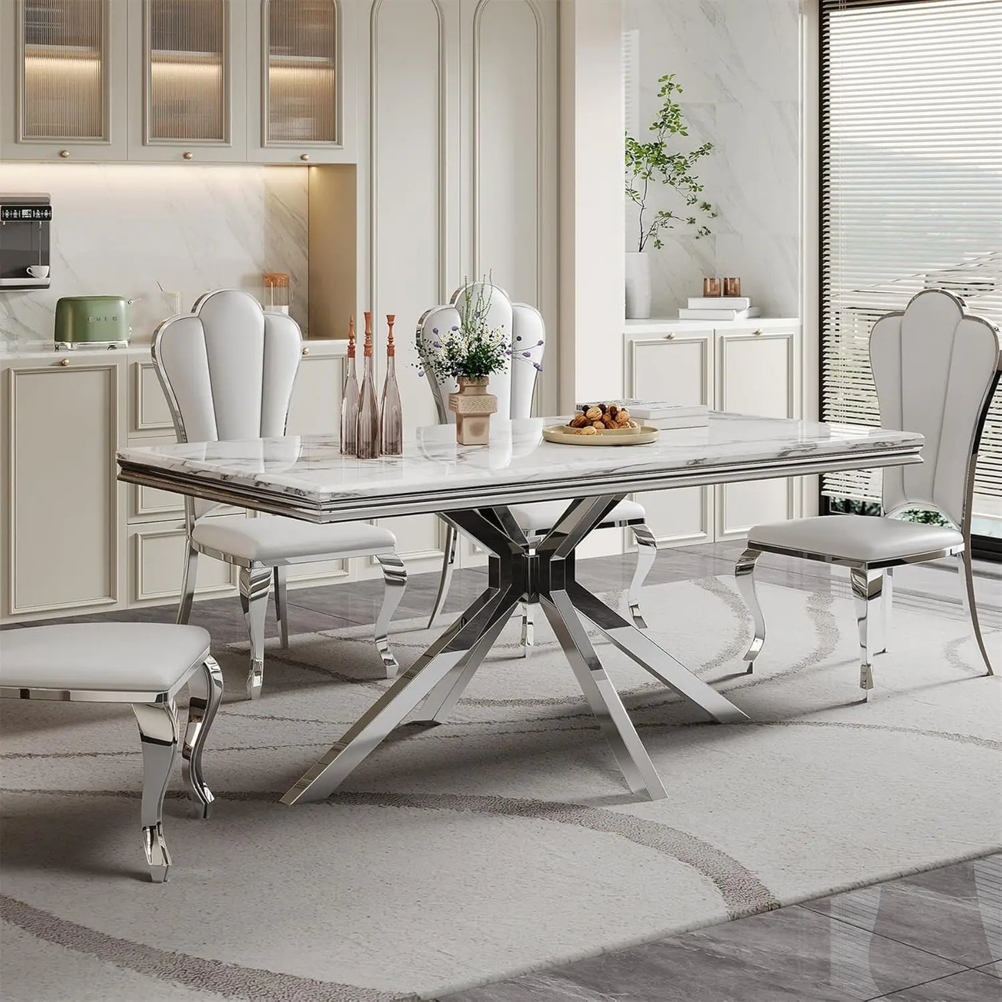 Marble Dining Table With Stainless Steel X Base For GourmetDiningRoomShowcaseExcellence