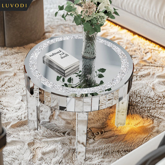 LUVODI Luxurious Contemporary Round Mirrored Accent Side Table CrystalQuartz Inlays