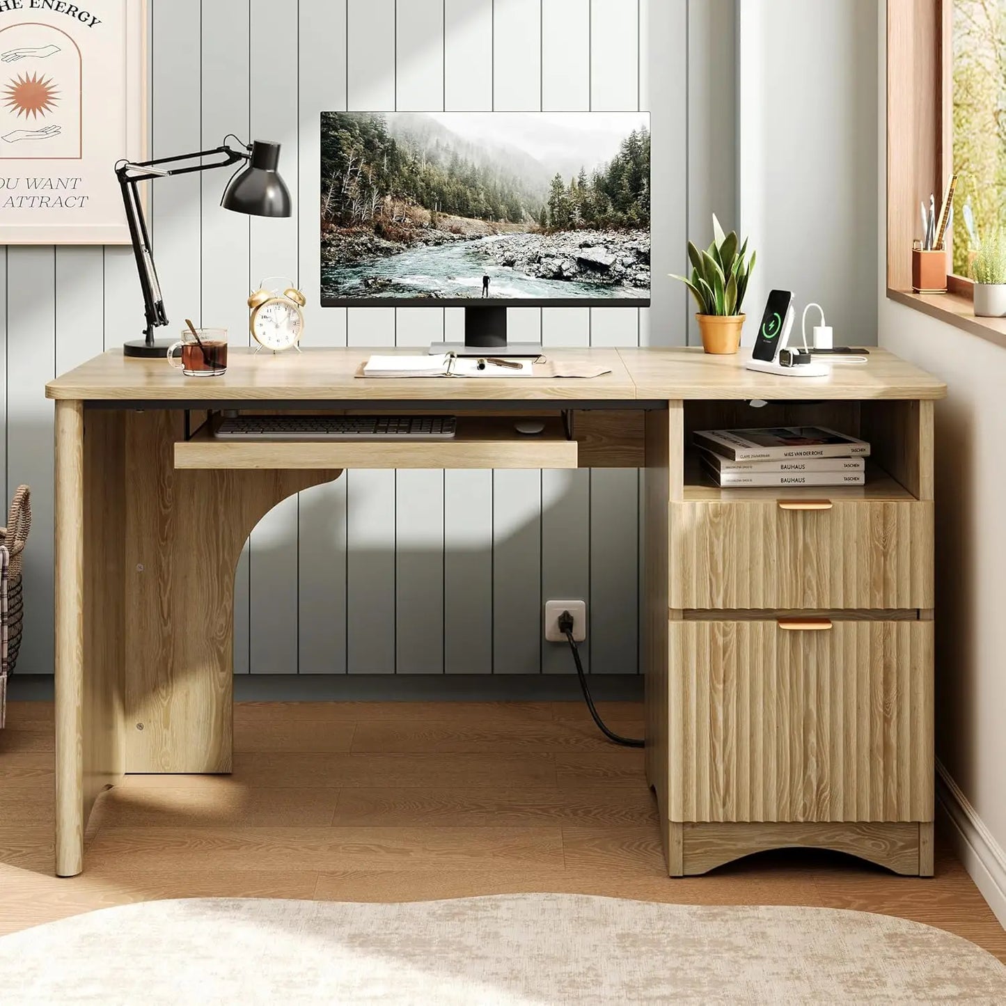 Computer Desk With Keyboard Tray And Power Outlet File Drawer