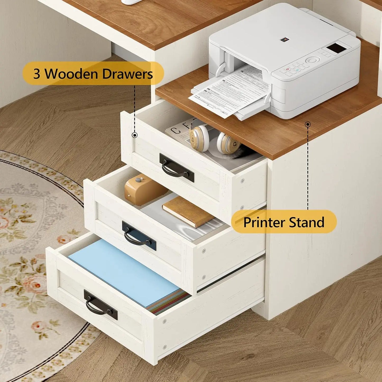 Farmhouse Computer Desk With Drawers And Power Outlets